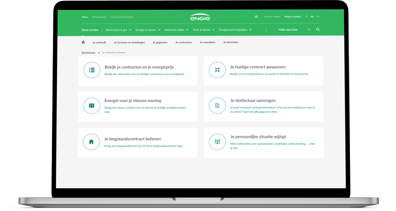Afbeelding van de startpagina van de ENGIE Klantenzone, met de diensten en tools om uw energieverbruik te beheren.