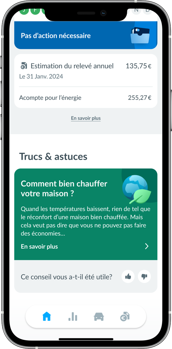 Écran de la Smart app proposant des conseils d&#039;économie d&#039;énergie, personnalisés en fonction de la consommation pour aider les utilisateurs à réduire leur consommation et leur dépense énergétique. 