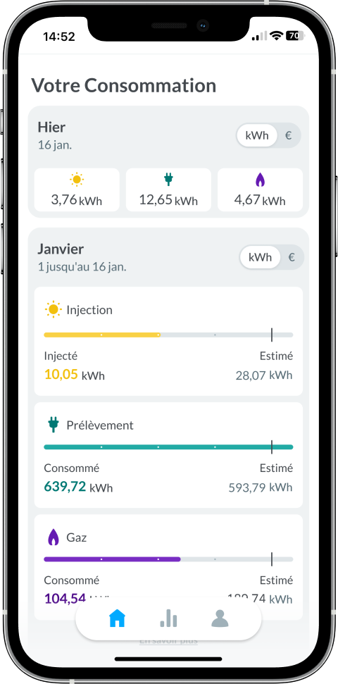 Écran &quot;Ma consommation&quot; de la Smart App tel que vu par le client avec les détails par mois.